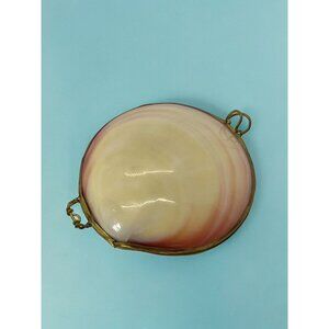 Vintage Capiz Mother of Pearl Shell Trinket Box Coin Purse Brass Rim Opens